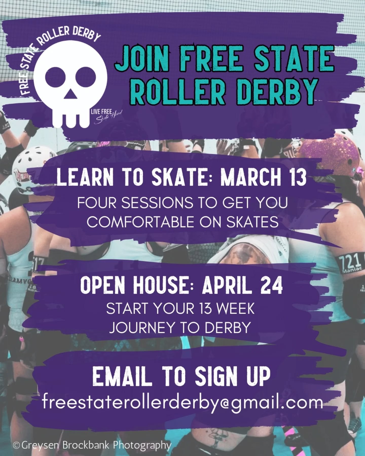 Are you ready for something awesome? Great, because Free State Roller Derby is ready for you!
 
NO skating experience? Join Learn to Skate! 
Our four-session pre-training starts next Friday, March 13. RSVP at FreeStateRollerDerby@gmail.com by Monday,