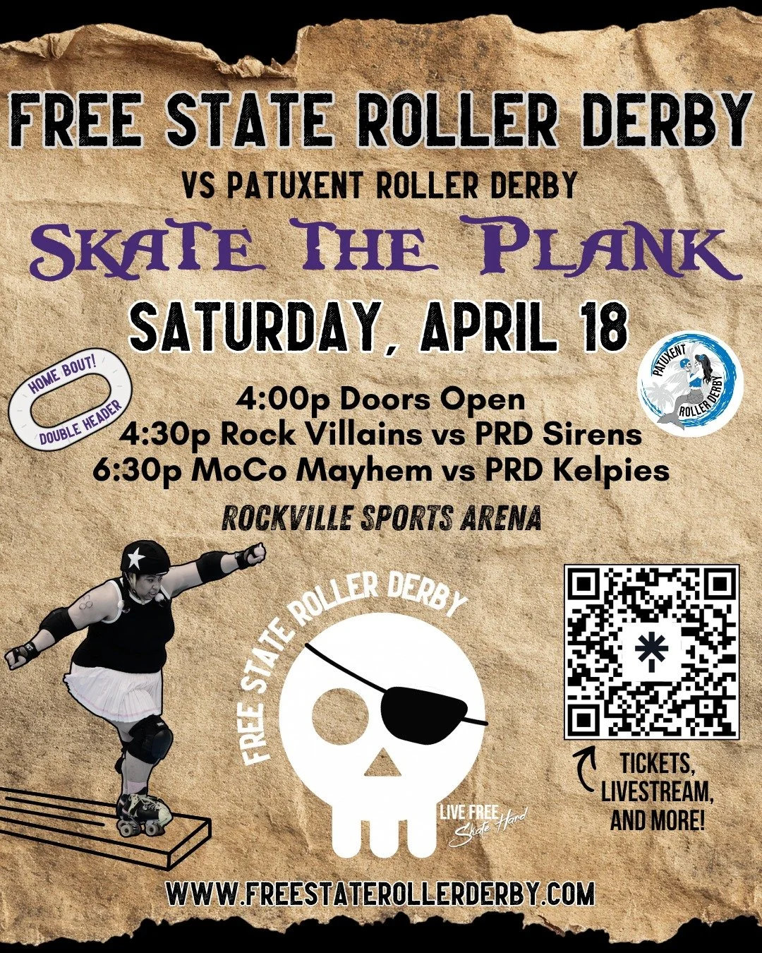 Ahoy mateys - Join Free State and @patuxentrollerderby on the high seas of Rockville for a swashbuckling double header!

Tickets here: https://givebutter.com/FSRDSkatethePlank (link in bio)