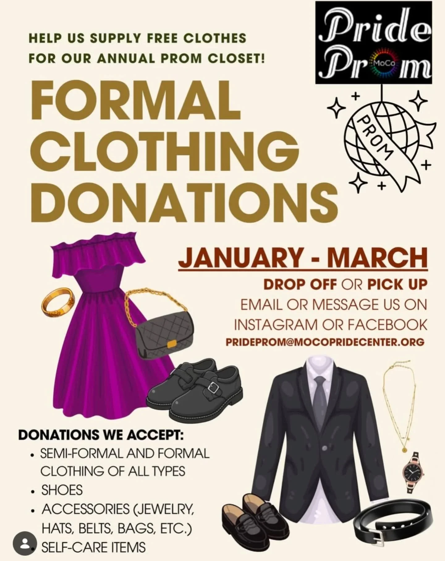 Support @mocoprideprom by helping fill their prom closet!!!
We will be collecting donations at our March 26 Open Scrimmage (TOMORROW)
👗👔👠👝