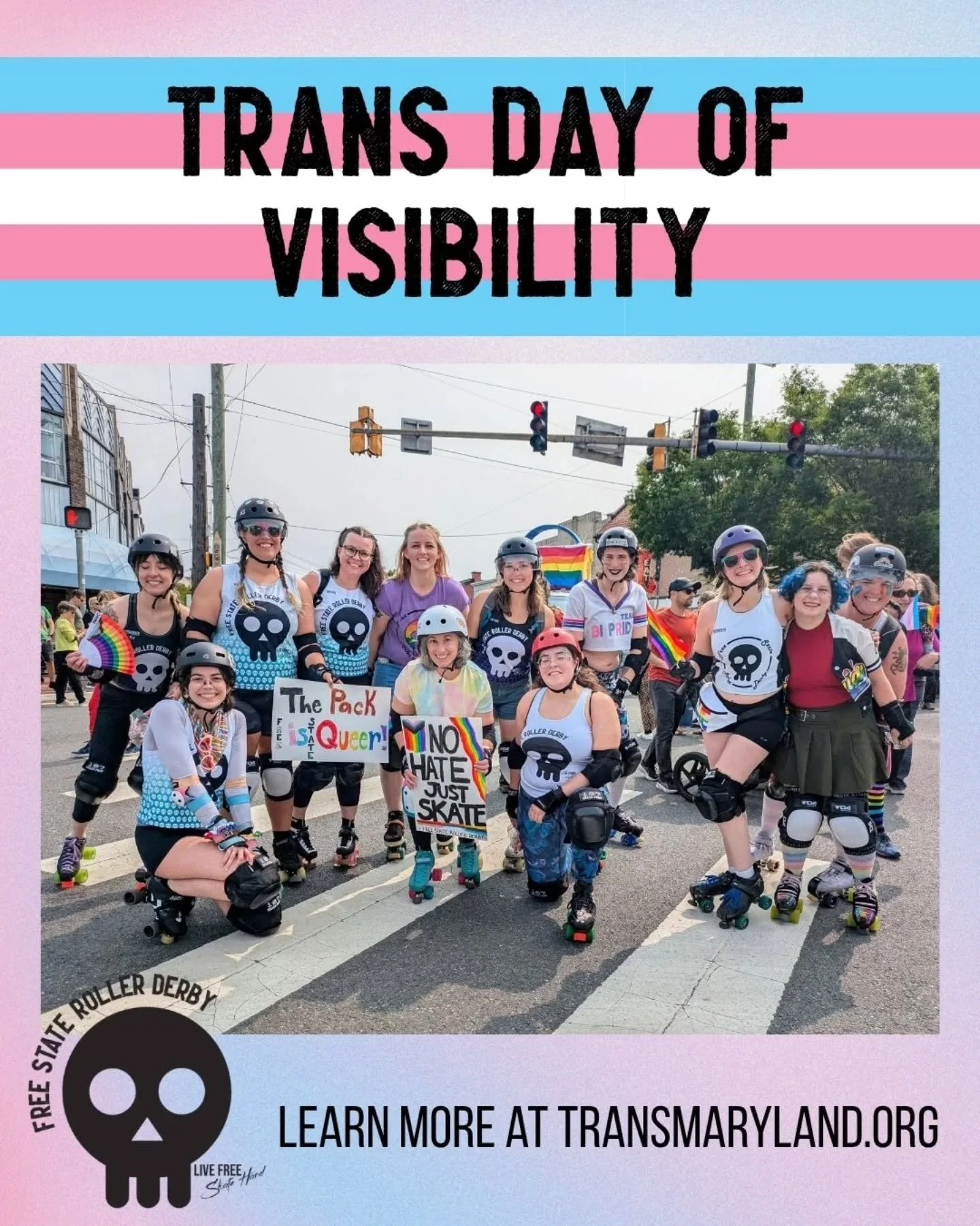 Free State Roller Derby proudly stands with the trans community today and every day. And on Trans Day of Visibility, we want to shout out the amazing trans skaters, officials, volunteers, and fans who make the roller derby community so special. In th