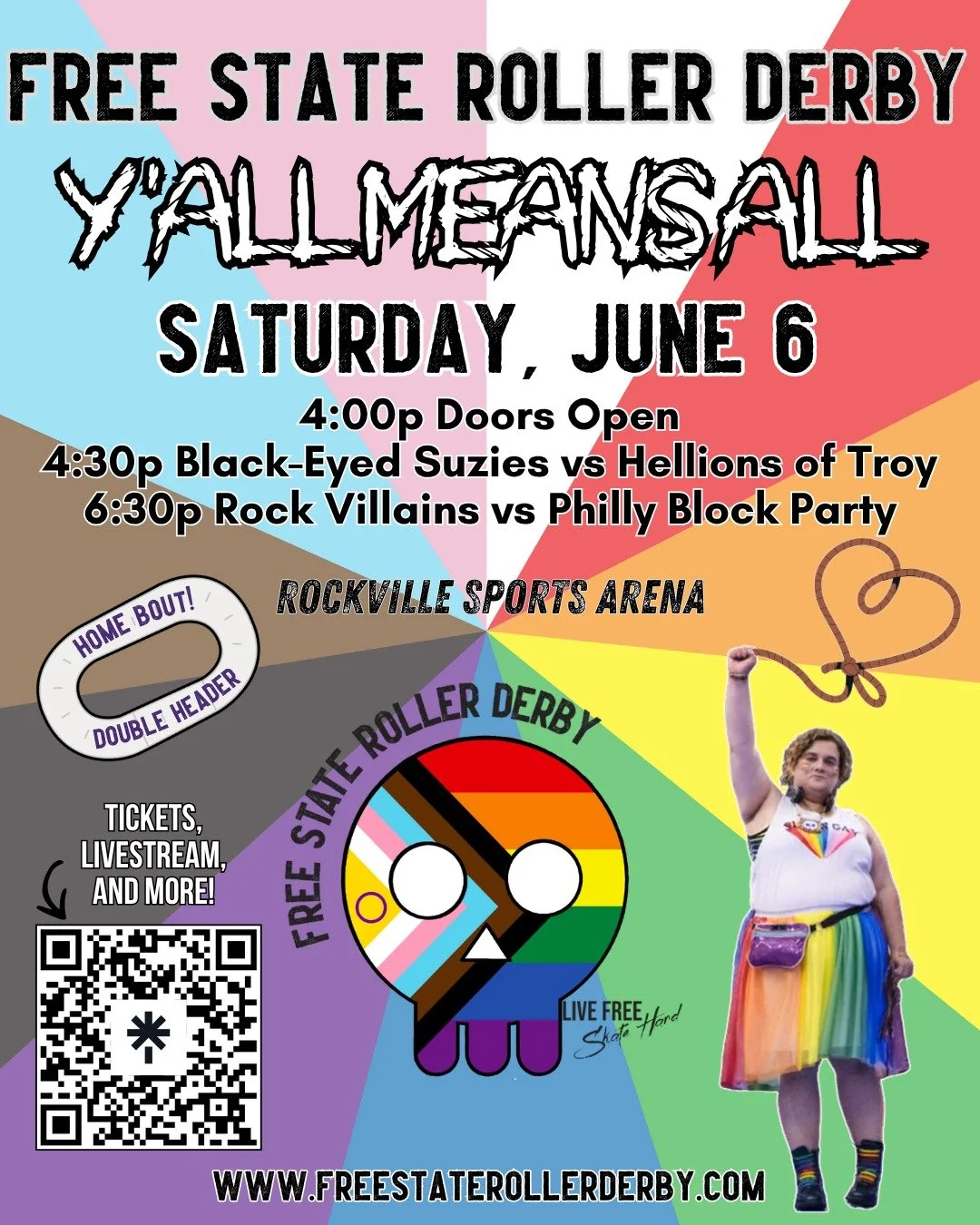 Howdy y'all! Join Free State Roller Derby on June 6 for our annual Pride month double header 🌈

We are fixin' to have a real good time with visitors @hellionsoftroy and @phillyrollerderby 
🤠🌵

Tickets here: https://givebutter.com/FSRDYallMeansAll
