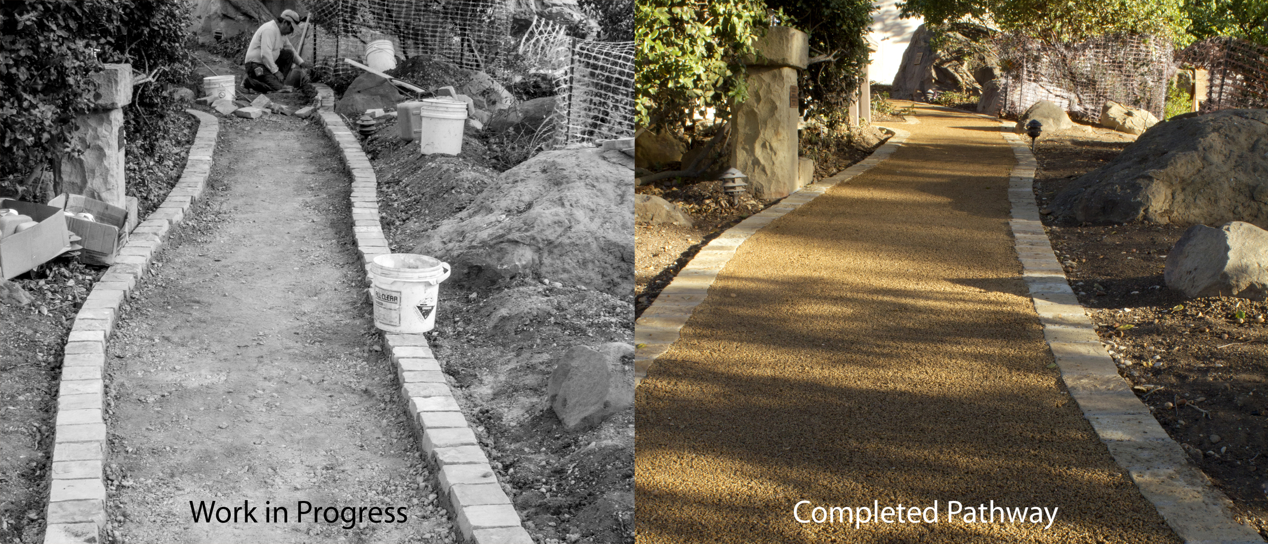 Pathways edged with stone secured in cement while pathway medium is EcoPave providing a no slip surface that allows water to penetrate through substrate. 