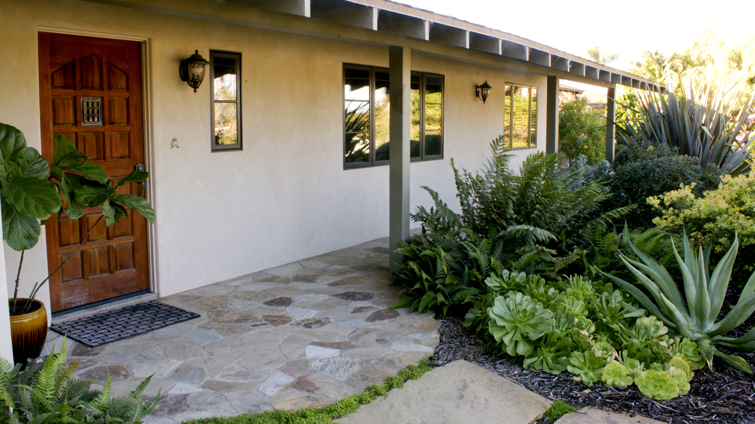 North facing entry landscape takes advantage of shade created by housing structure to create a lush mix of ferns.