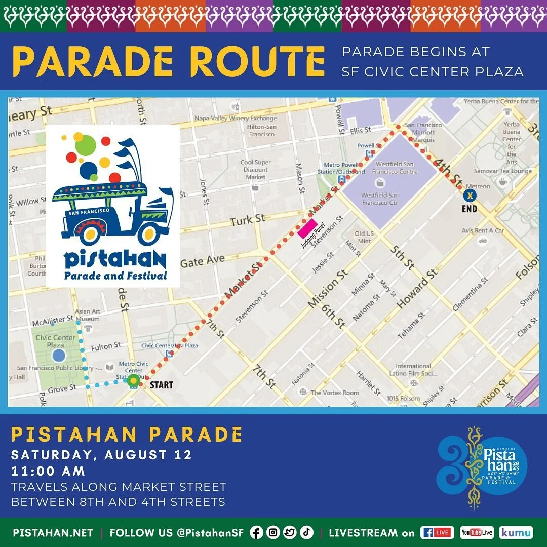 The Pistahan Parade map is available for download at pistahan.net! Starting at City Hall at 11:00AM on SAturday, it will proceed along Market Street and end around Yerba Buena Gardens. 

Fun times for the family, featuring Dancers, Filipino Martial A