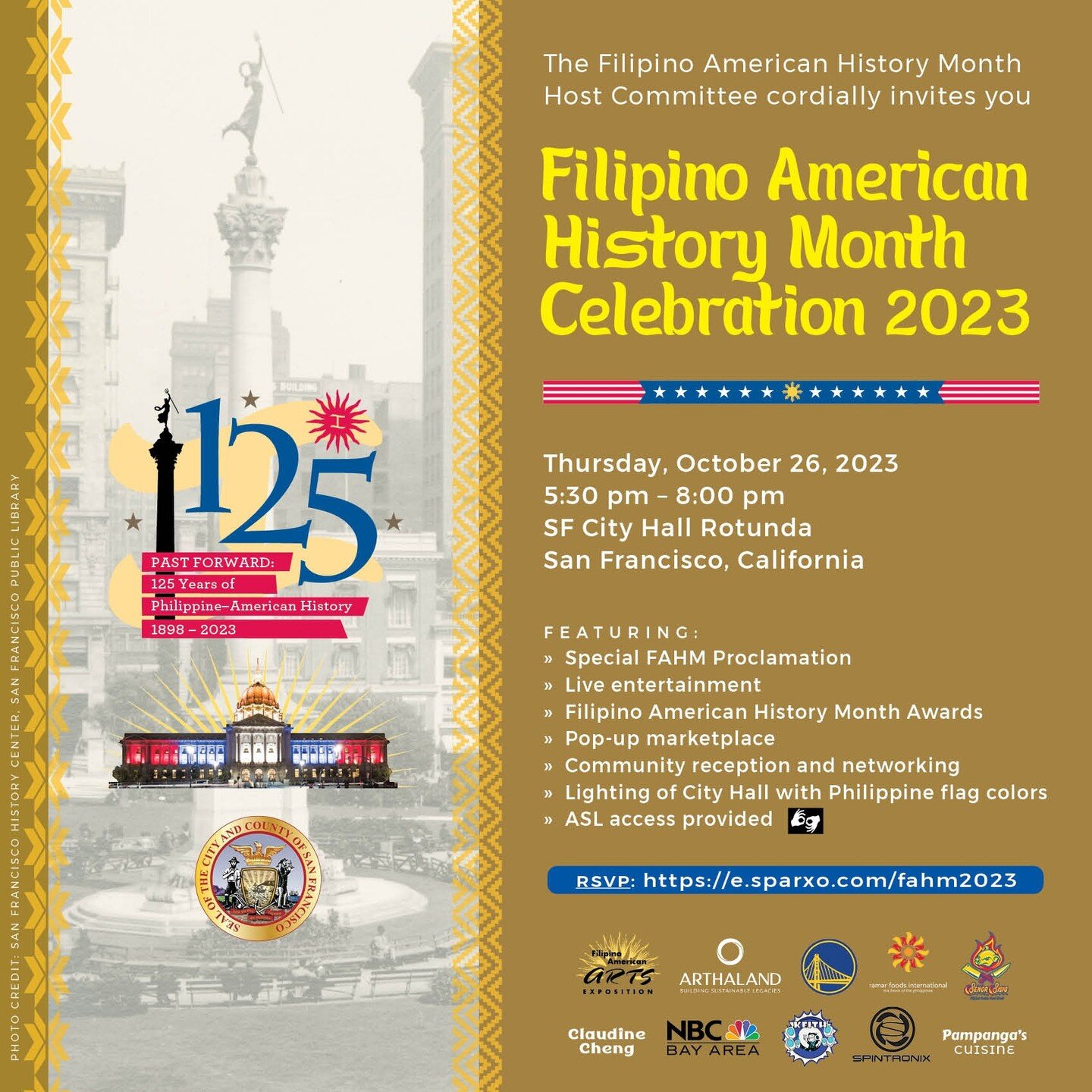 Dear Community,

I am writing to inform you of an important update regarding the 19th Annual Filipino American History Month Celebration, originally scheduled at San Francisco City Hall's Rotunda on Thursday, October 5.

We find it necessary to postp