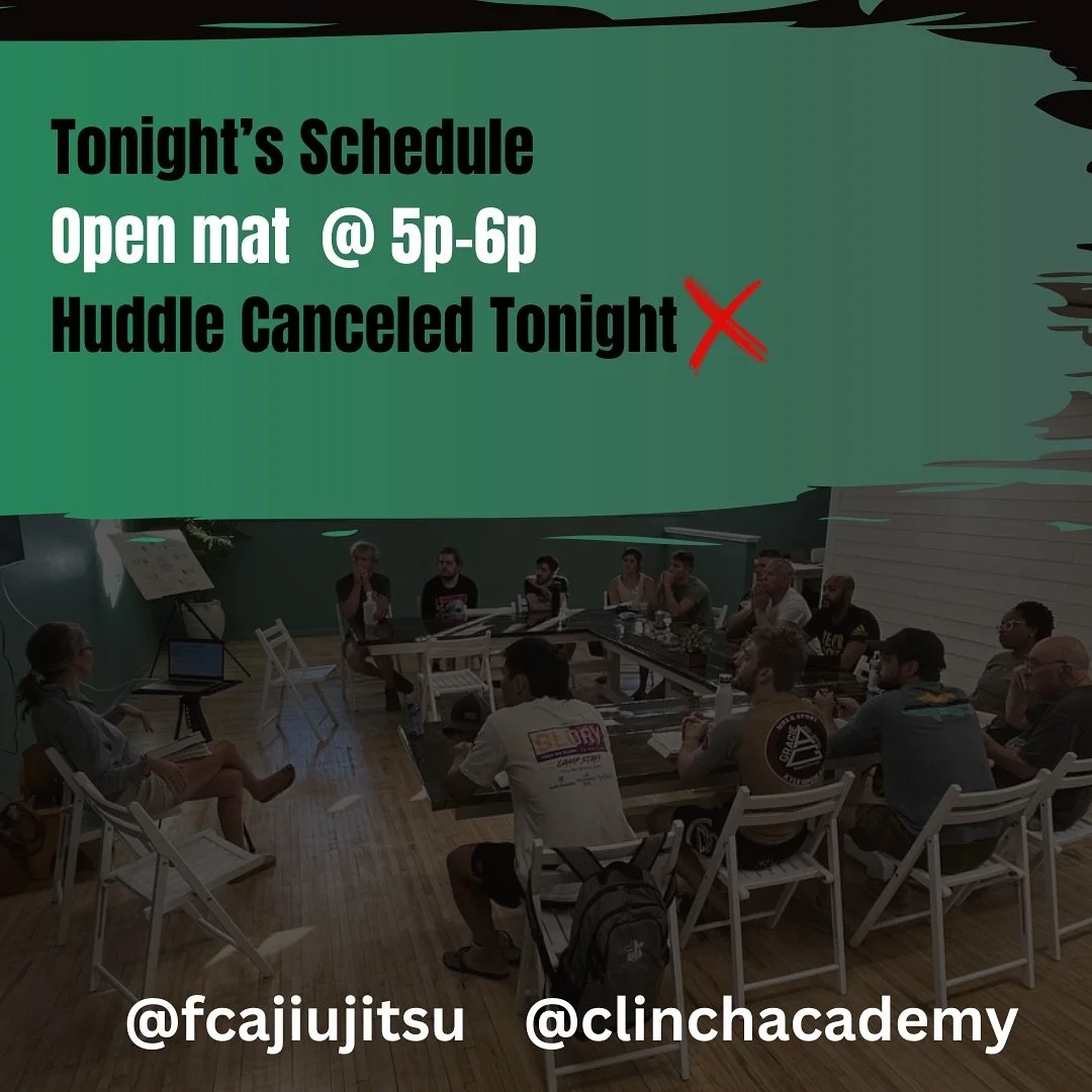 Huddle is canceled for tonight. Open mat will still run 5-6p. We will be picking back up with Ecclesiastes 3 next Friday!

#bjj #jiujitsu #jesus @fcajiujitsu @clinchacademy