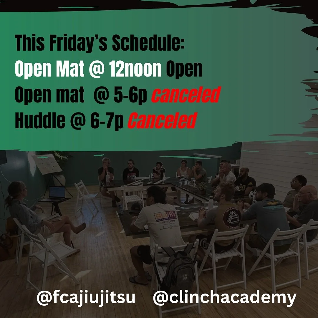 As a reminder open mat and huddle are closed this evening. #bjj #jiujitsu 

@fcajiujitsu @clinchacademy