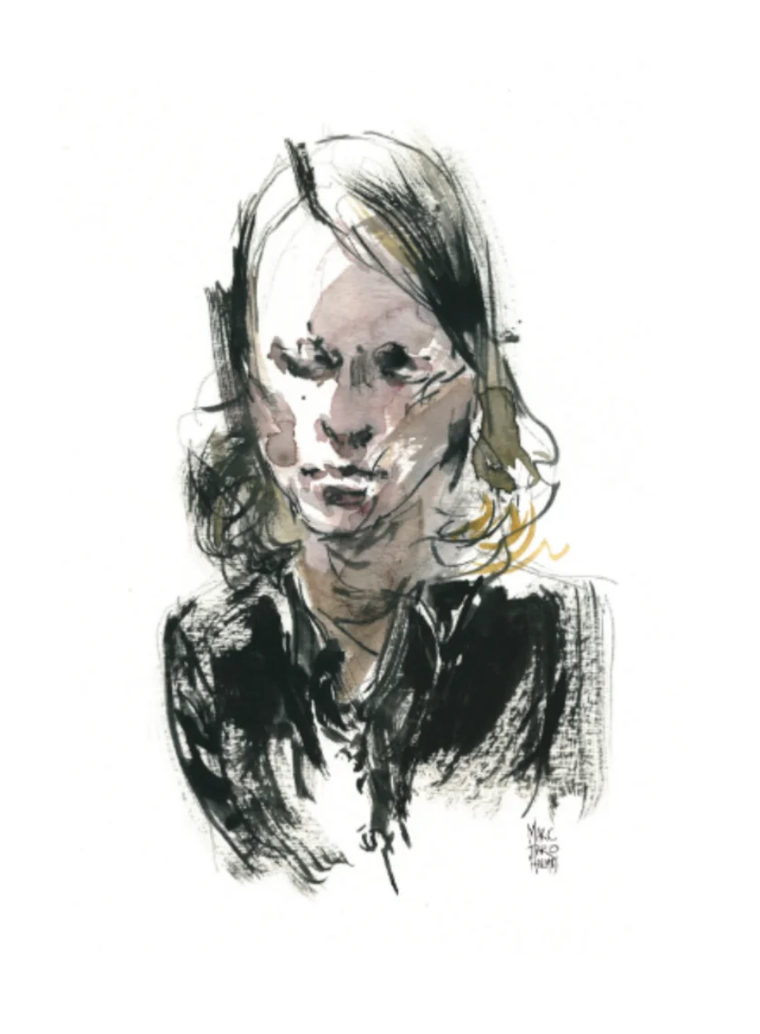 Sketch of Beverley Cooper by Marc Taro Holmes, part of his Innocence Lost Production Diary