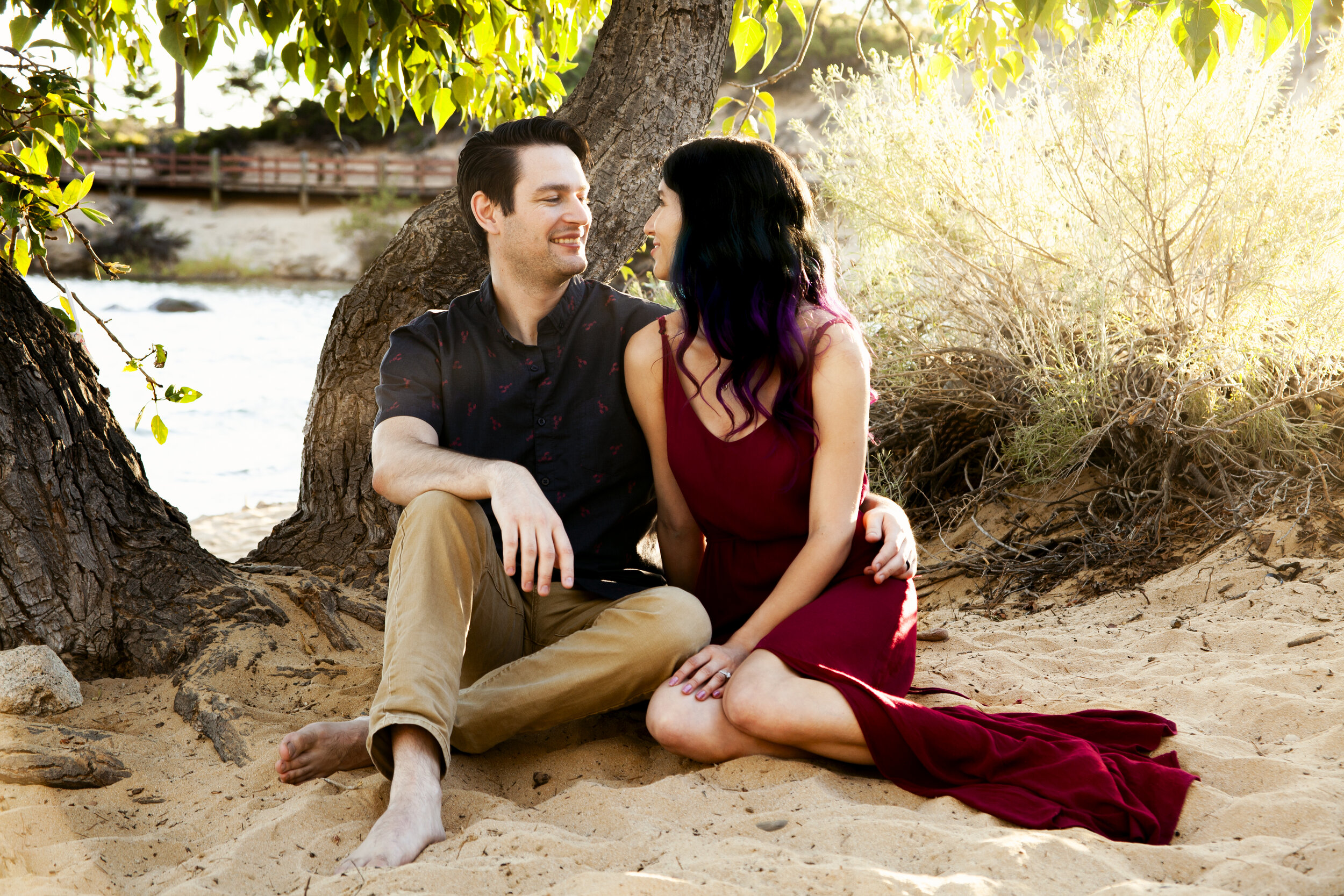 Engagement portrait outdoors near Reno NV with Lake Tahoe views.