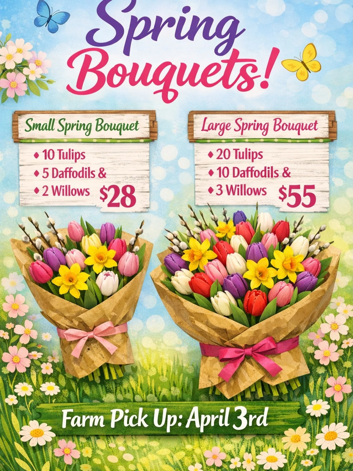 Spring on the farm in bouquet form. 🌷
EASTER WEEKEND BOUQUETS 
Tulips, sunny daffodils, and soft pussy willow branches wrapped up in the sweetest spring bundles.
Small &ndash; $28
Large &ndash; $55
Farm pick up: Friday, April 3rd 2pm-6pm 
Limited qu