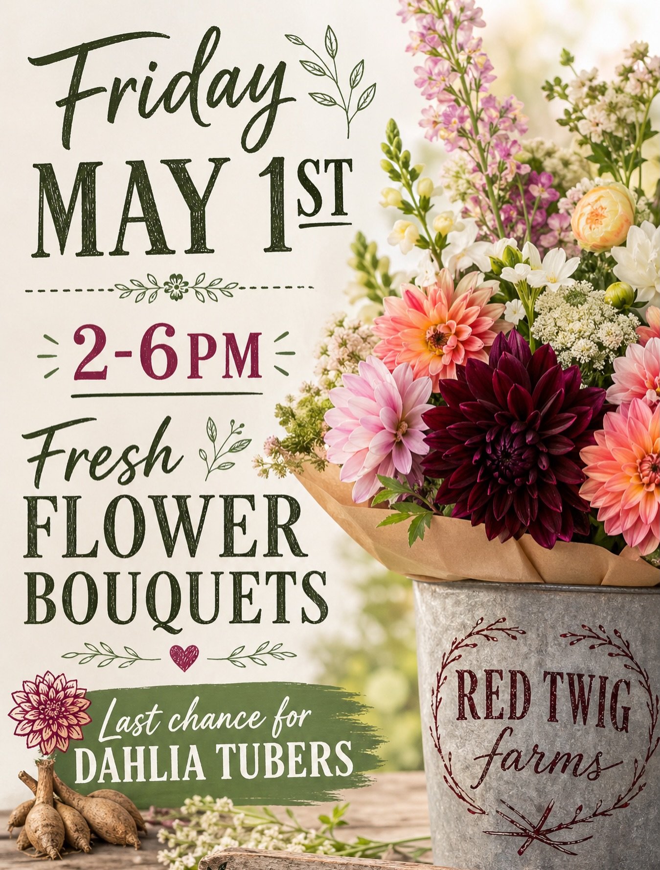 TOMORROW Friday May 1st 2 PM- 6 PM 

Come see us! 

Last call on dahlia tubers &amp; we will have some fresh flowers on site 🌸🥔 All first come, first serve! 

📍14470 Jug St. Johnstown, OH