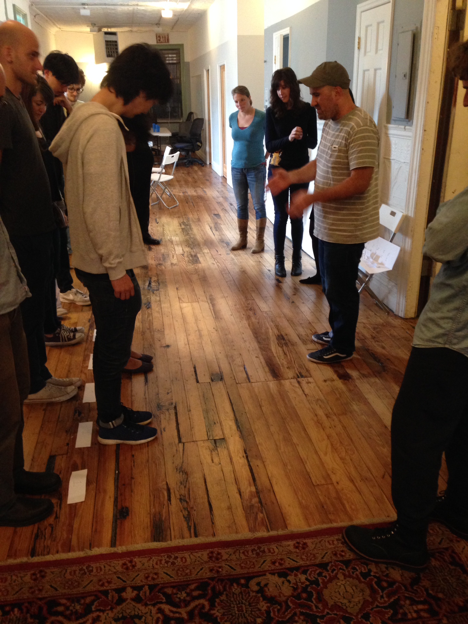 Two Step: 8 people shoulder-to-shoulder. You can only step forward or backwards and only move to one of these alternating positions when the person to your right, takes a step back. 