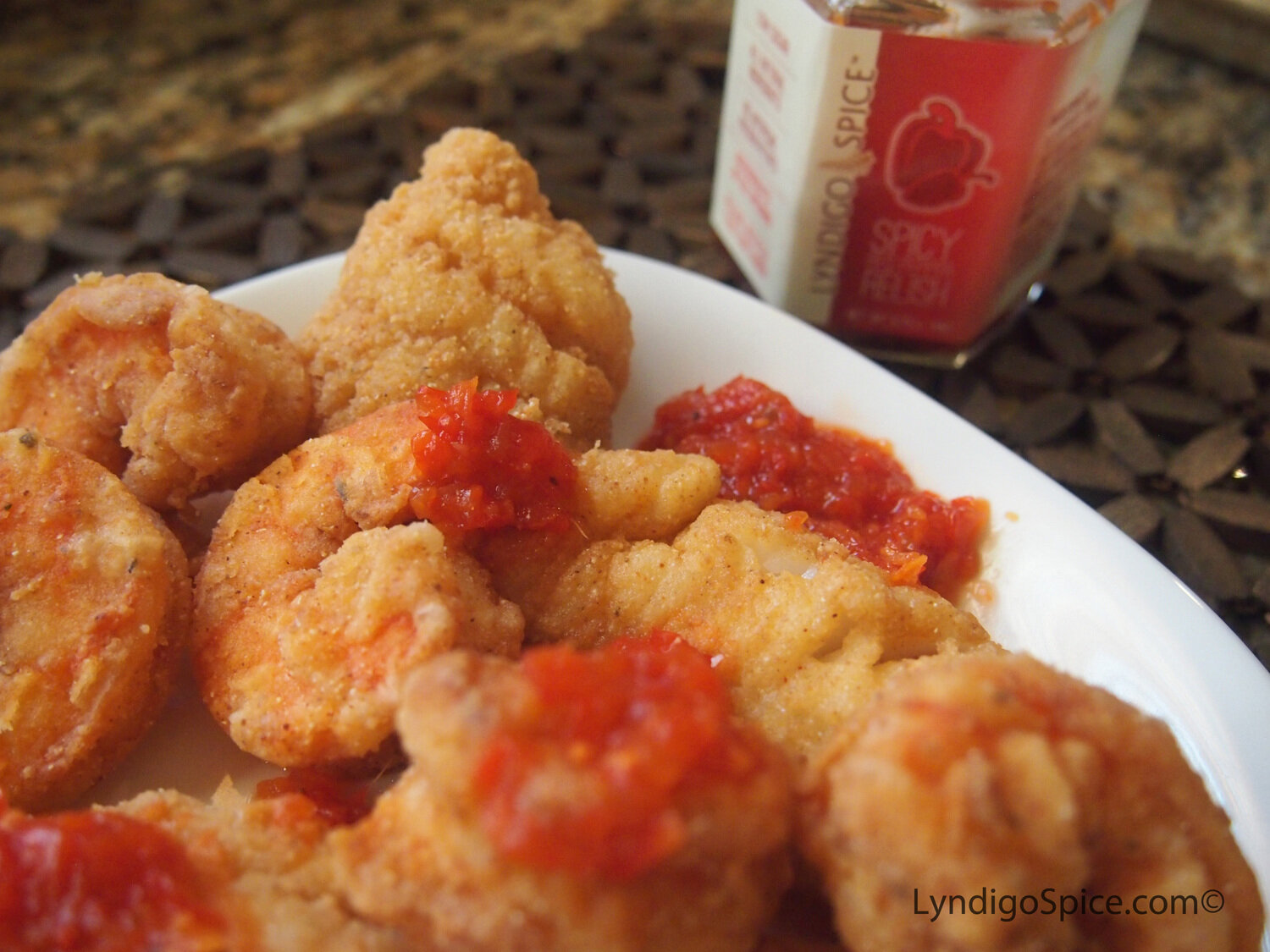 Fried Shrimp topped with Spicy Red Pepper Relish