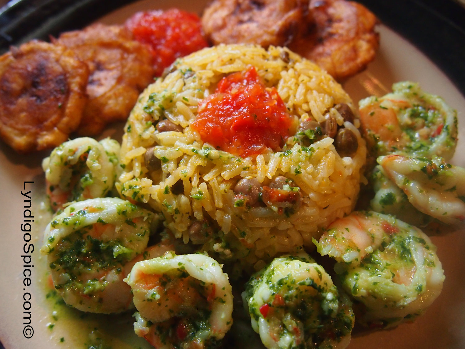 Chimichurri Shrimp, Arroz con Gandules with Spicy Red Pepper Relish