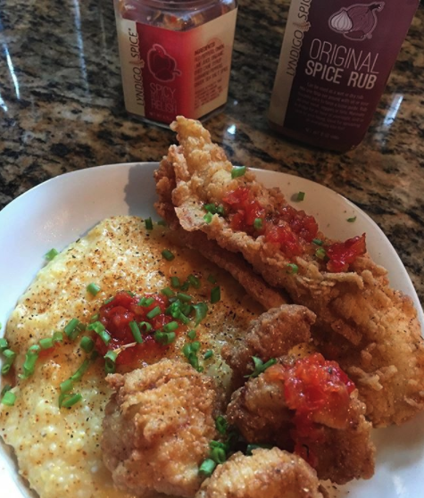 fish and grits and scallops with the original spice rub and spicy red pepper relish