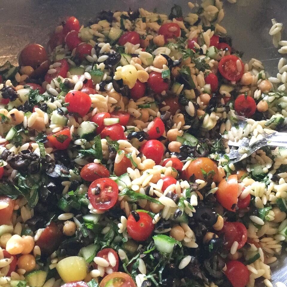 Mediterranean pasta salad, recipe found in The Lyndigo Spice Cookbook