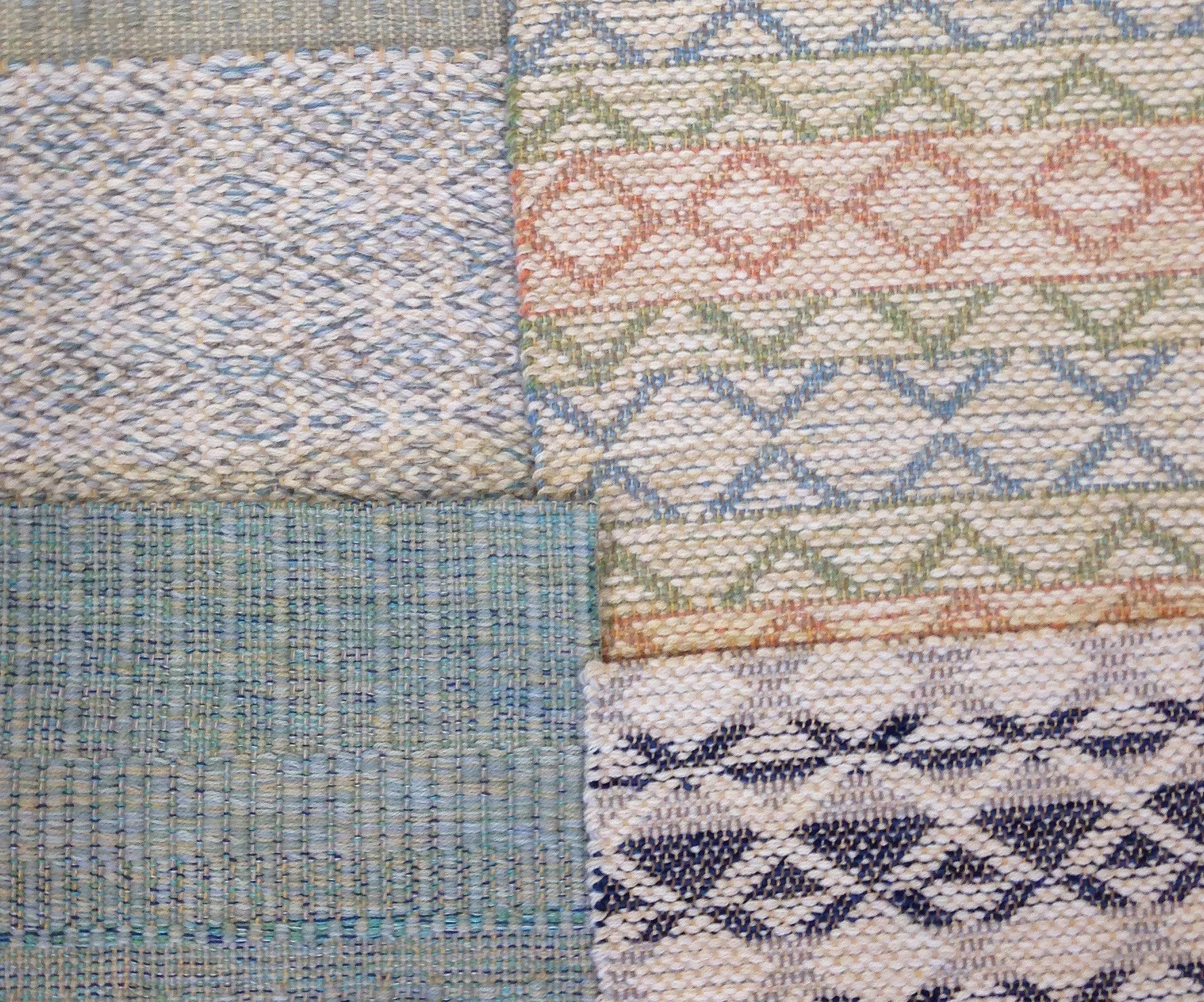 From top left clockwise; Tiger Eye Sky, Madison Triangle Pastel, Bases Navy, Twisp 5 Turquoise