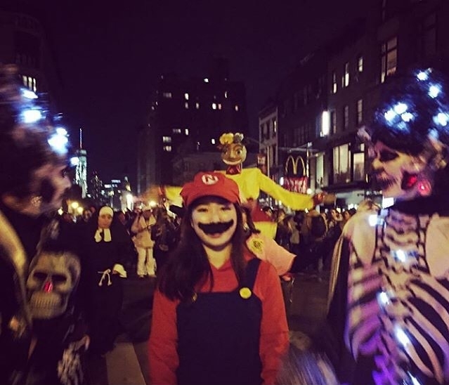 Lola dancing for Maracatu New York at New York City's 42nd Annual Village Halloween Parade 2015 - Photo by @nanayabu (pictured in front)