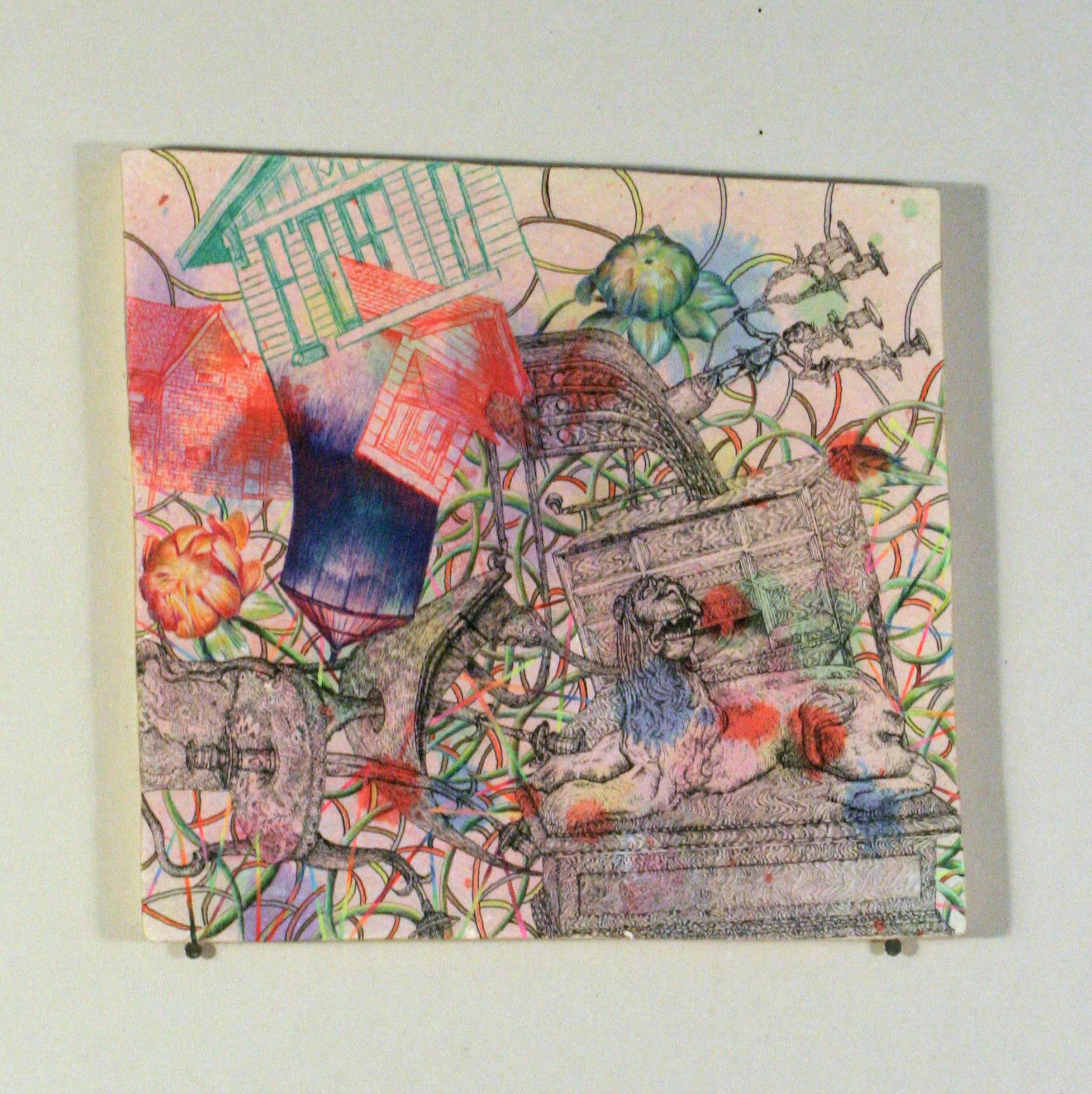 "Bolvan" - approximately 8.5 inches by 9 inches. Paper mounted to wood, ink pen, colored pencil and acrylic ink.