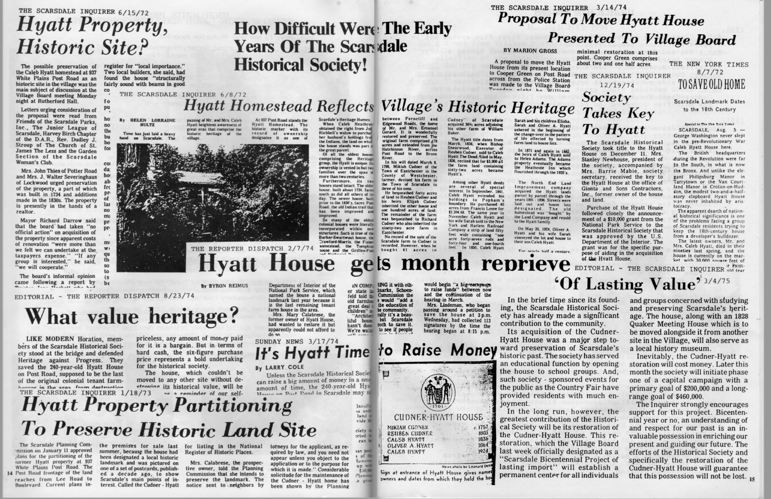 Clips from the many news articles about saving the Cudner-Hyatt House. (From Celebrating 25 Years of Progress 1974 to 1999, Scarsdale Historical Society booklet)