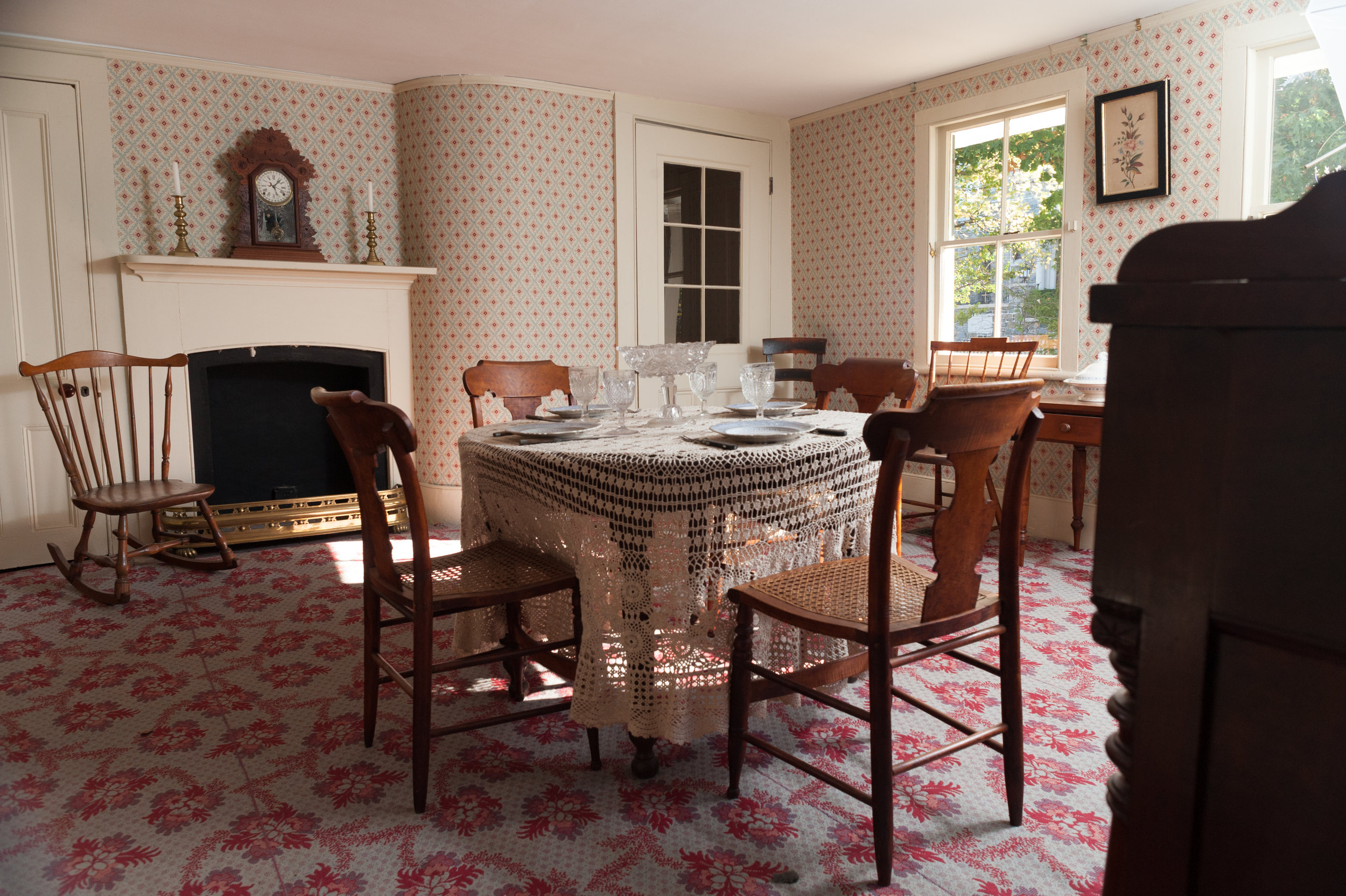 The wallpaper, paint colors, and carpets throughout the house were authentic reproductions of popular designs in the 19th century. The dining room carpet design is named Ballstone. (Copy)