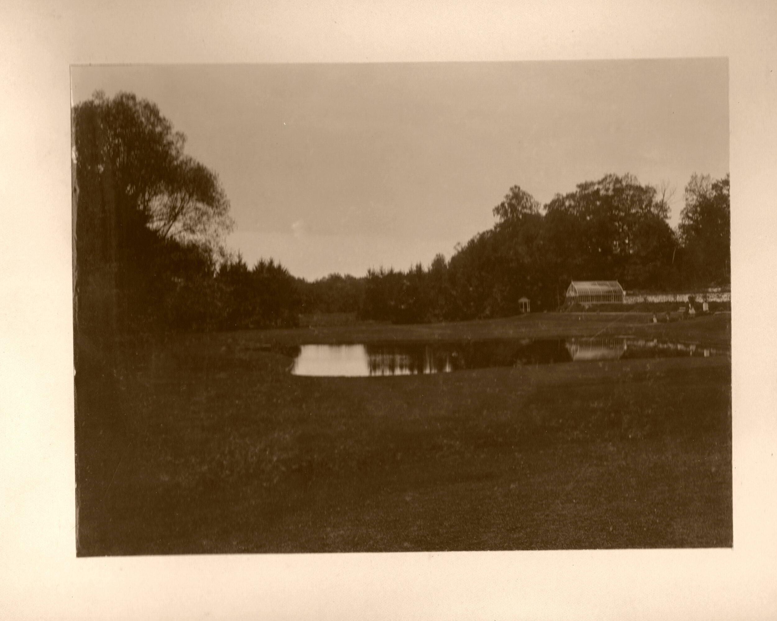 Long view of the pond and greenhouses