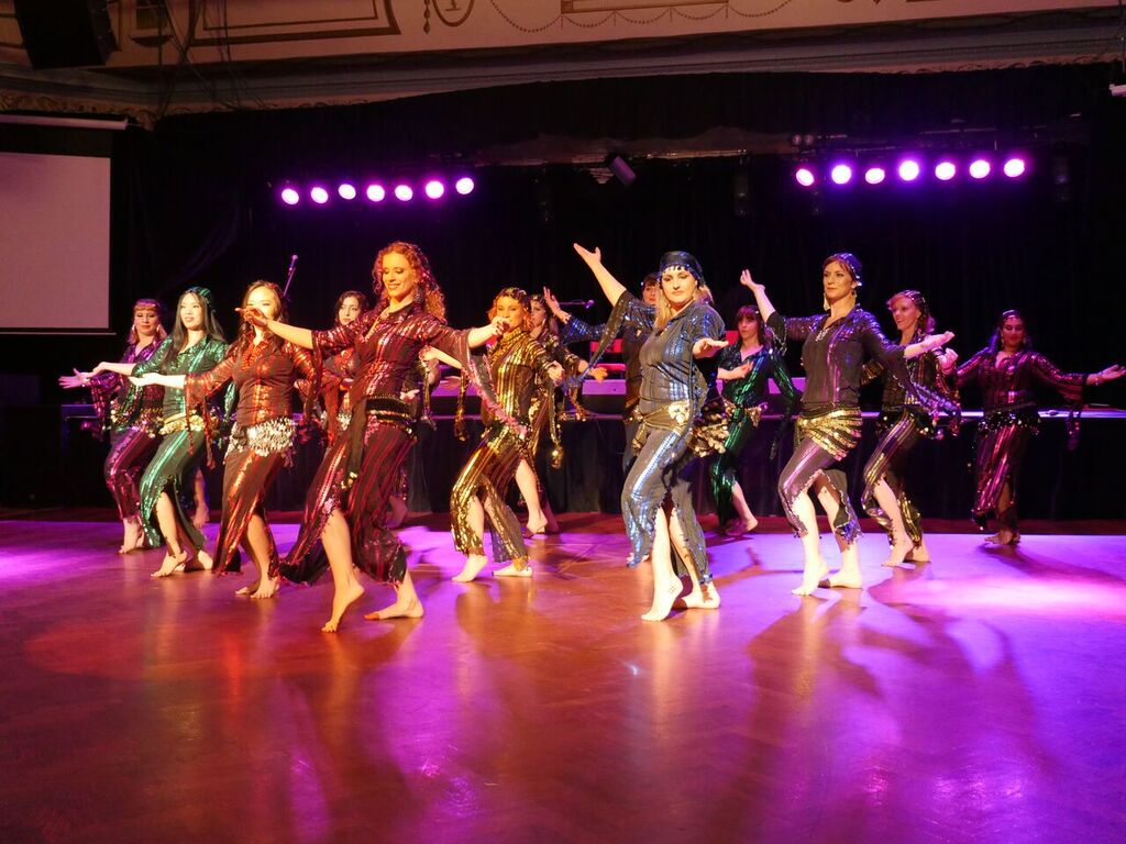 Intermediate belly dance students perform a Baladi style dance @ Bellydance Bohemia's End of Year Showcase, 2015.