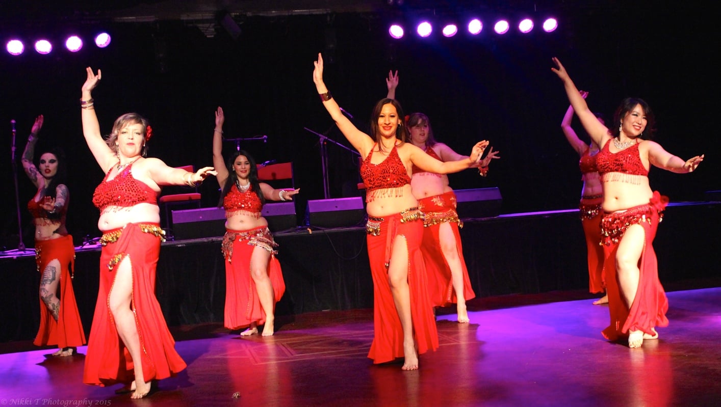 Advanced students performing a Turkish drum solo @ Bellydance Bohemia's End of Year Showcase 2015.