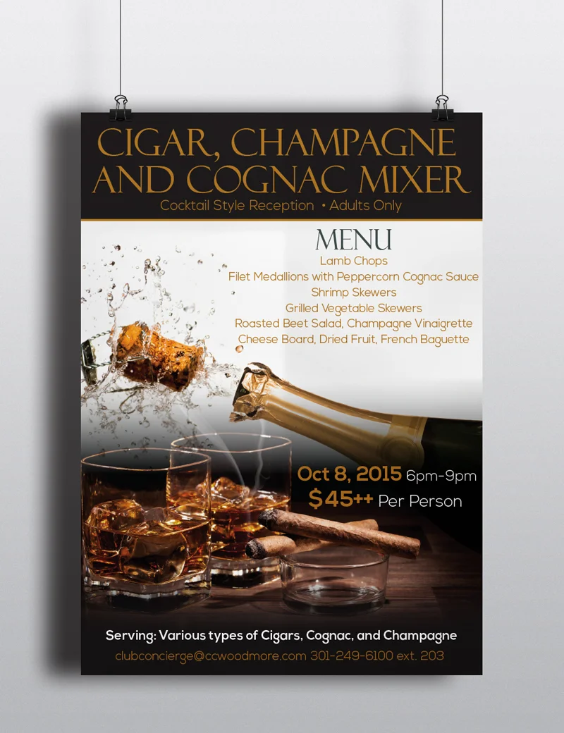 Woodmore Cigar, Champagne and Cognac Mixer Flyer Design