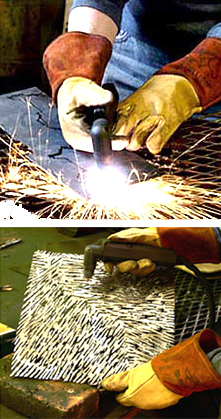 Plasma cutting is a process that uses high velocity compressed air as a cutting gas. The quality of the cut is superb. This high velocity gas, or plasma, conducts electricity from the torch to the work piece. The plasma heats the work piece melting the material. You can cut along a predetermined line drawn on the surface of the steel and get a precise cut. Organic and geometric cuts are possible.