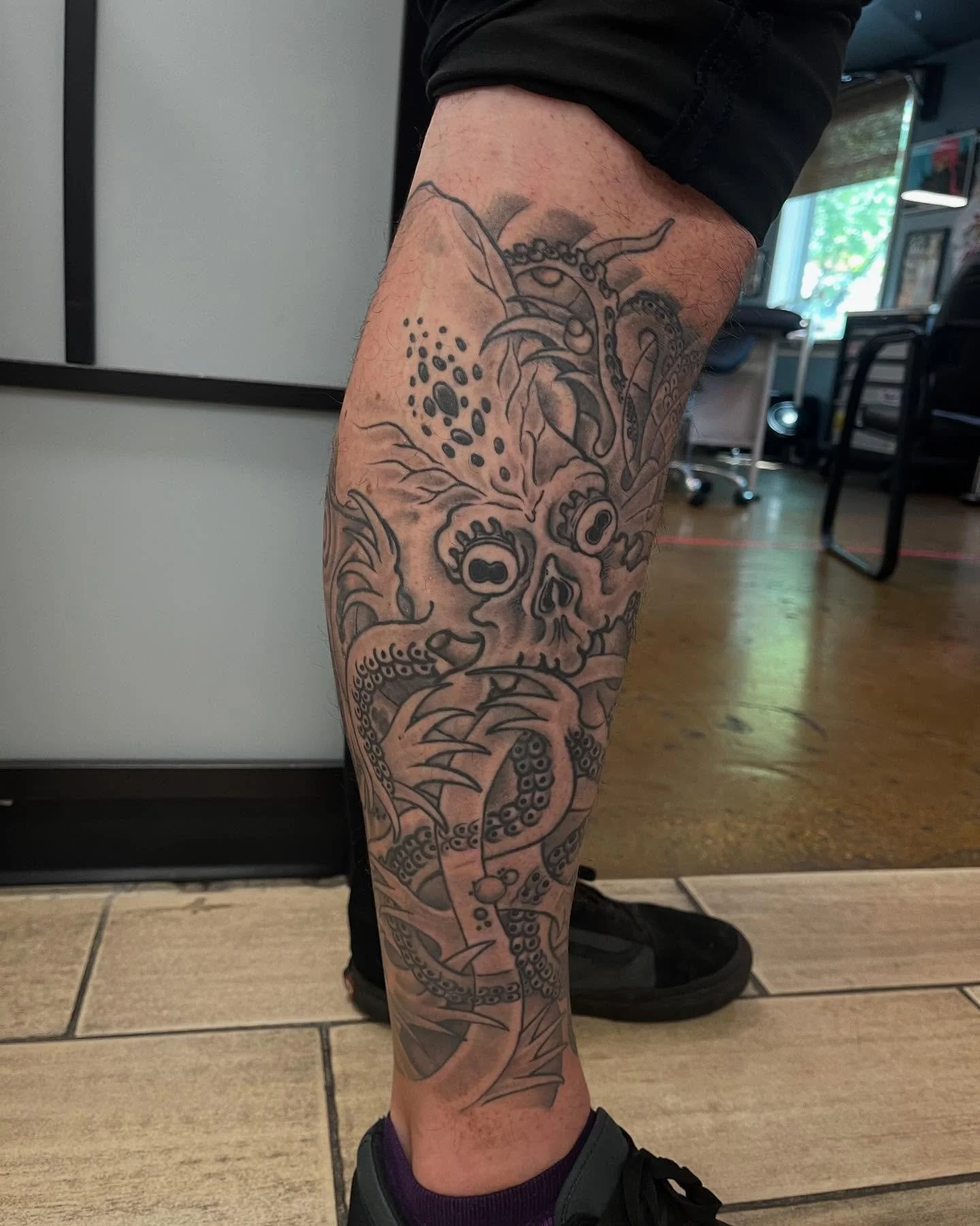 Robs lower leg sleeve executed by @awesomejames #bethesdatattoo