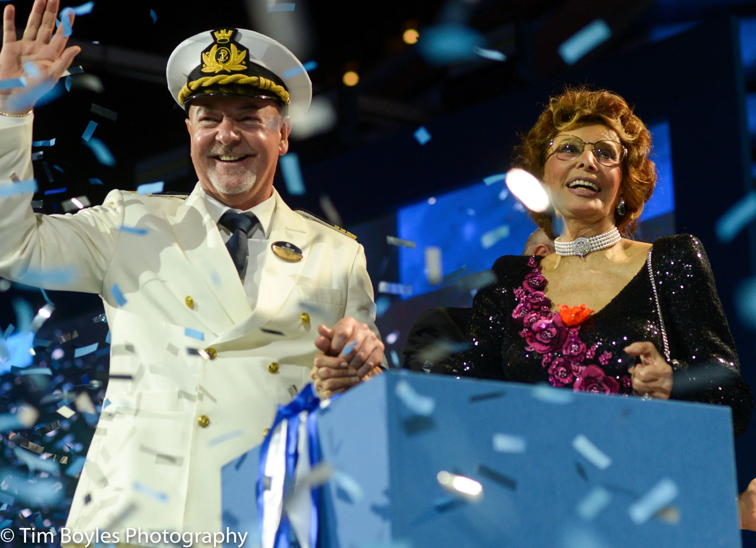 Sophia Loren celebrates with the Ship’s Captain during the naming ceremony for the MSC Seaside in Miami, Florida, December, 2017.
