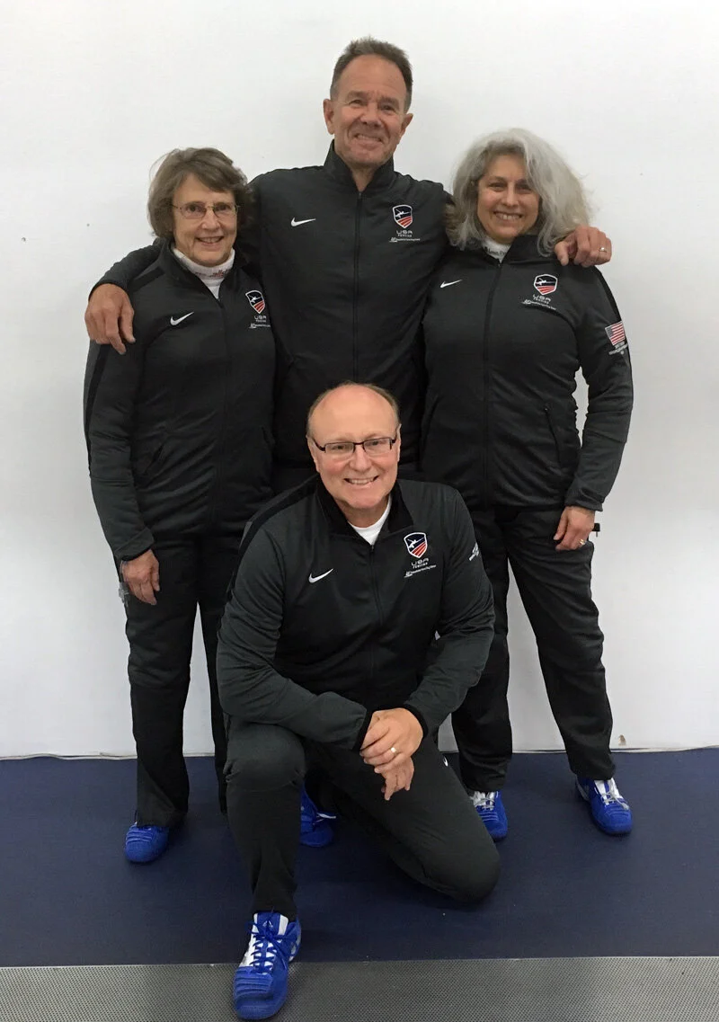 Bonnie Aher, Jan Patterson and Anna Telles with Coach Marshall Hibnes