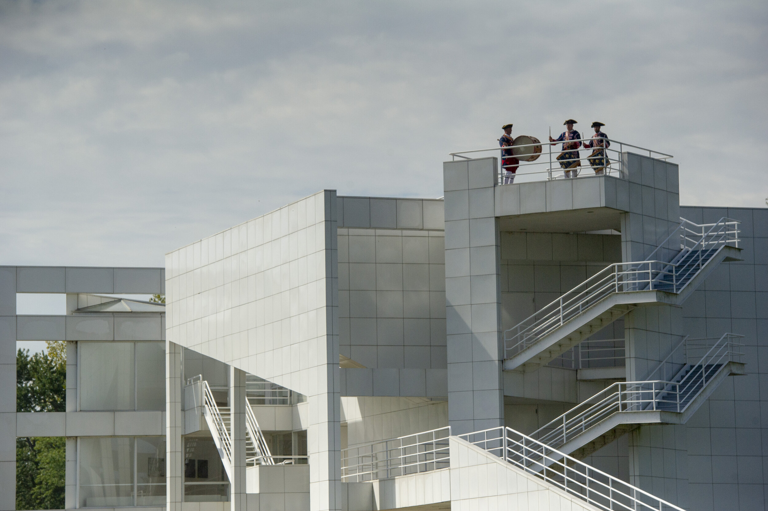  Tippecanoe of Ancient Fife and Drum Corps of Lafayette, Ind., play drums atop the New Harmony Atheneum at Kunstfest, a German festival in New Harmony, Ind., Saturday afternoon, Sept. 21, 2019. 