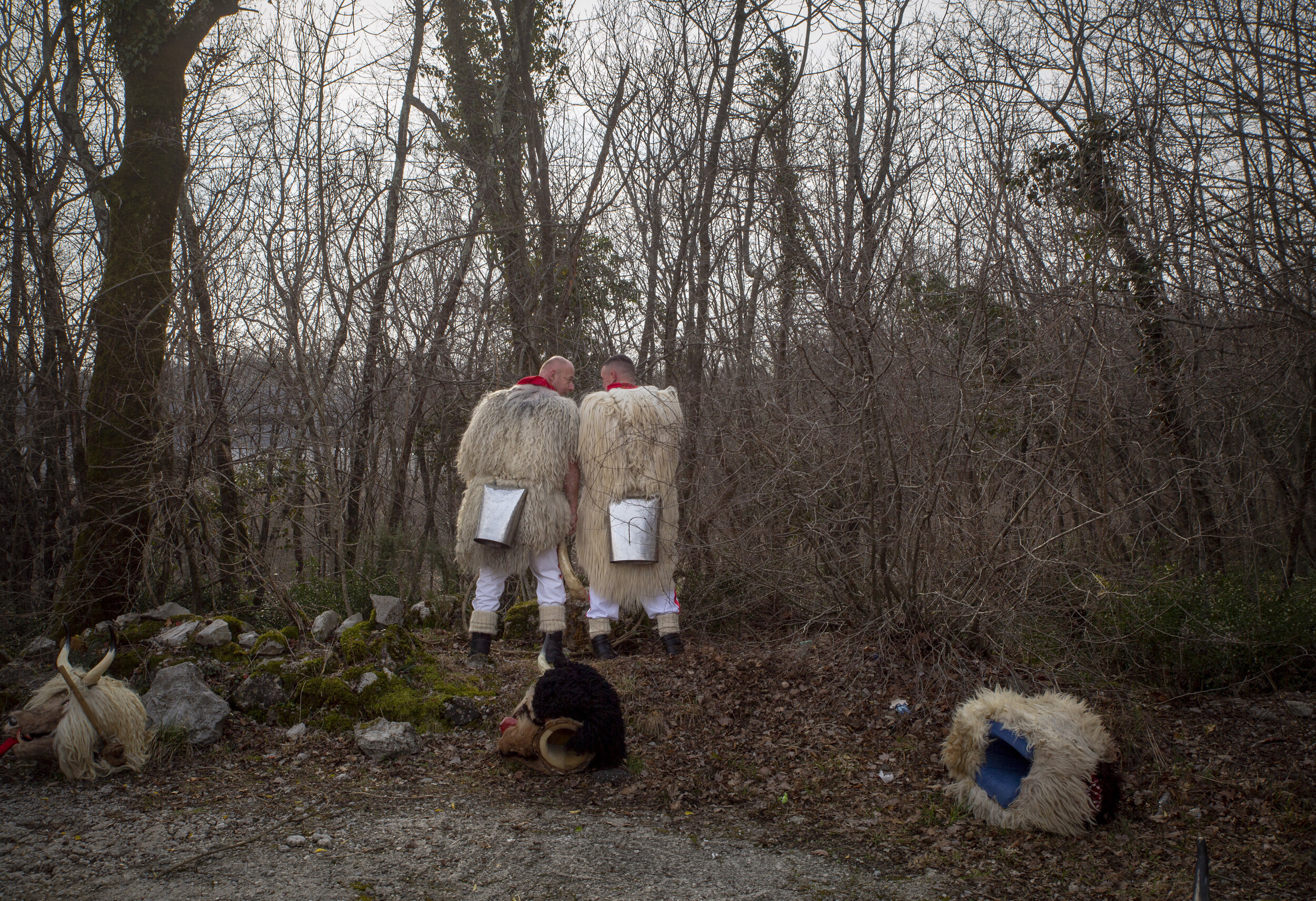  Men stop to pee in the woods in a rural area of the Halubje and Kastav region during their long days of walking, sometimes lasting more than 12 hours. While some other carnival masking traditions have allowed women to join in recent years, such as t