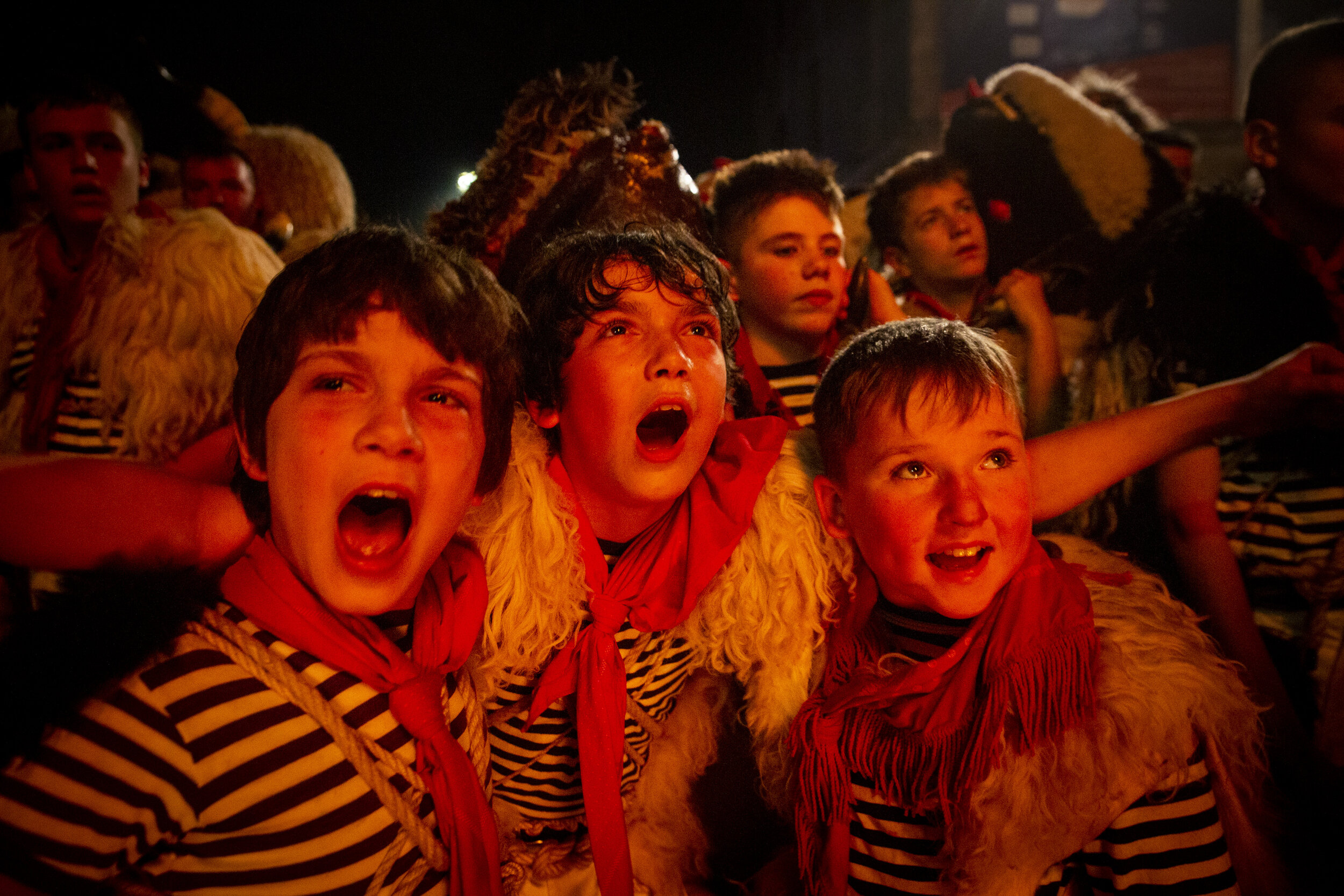  Young Halubajski zvončari scream in celebration as an Effigy burns on the final day of Carnival, Feb. 25, 2020. Through this three-day process, these boys are taught to embody masculine ideals of the region and to carry on their people’s history thr