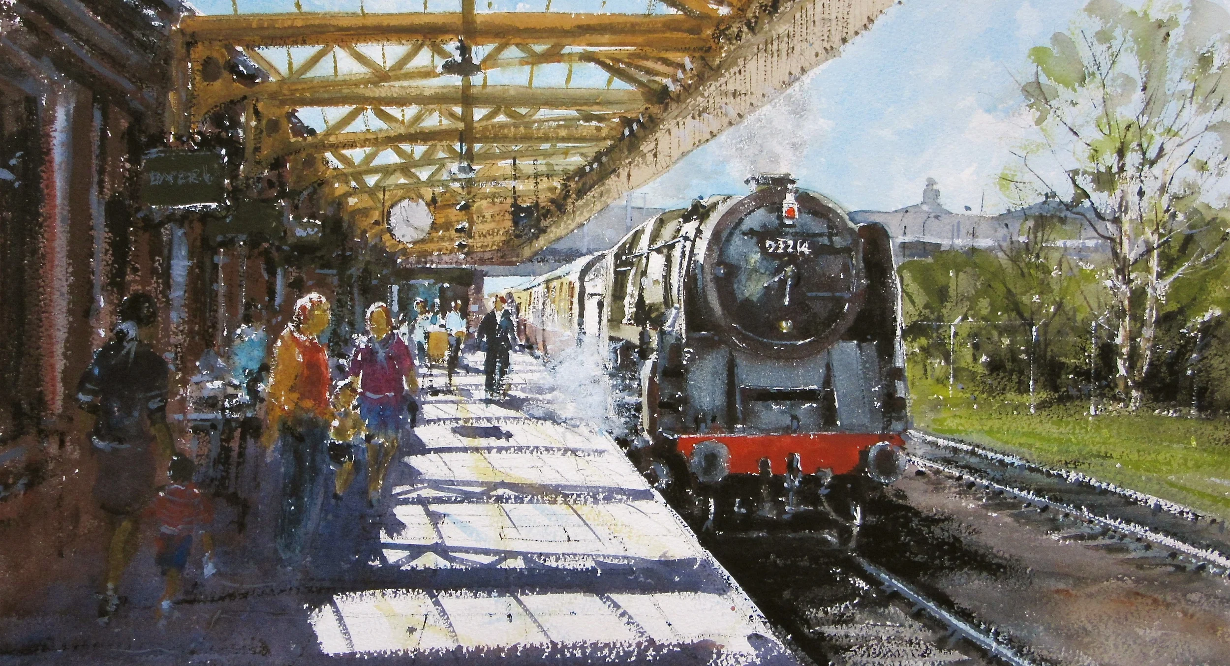 9F no. 92214 Arriving at Loughborough on the GCR: 13 x 24 in: watercolour: £1200