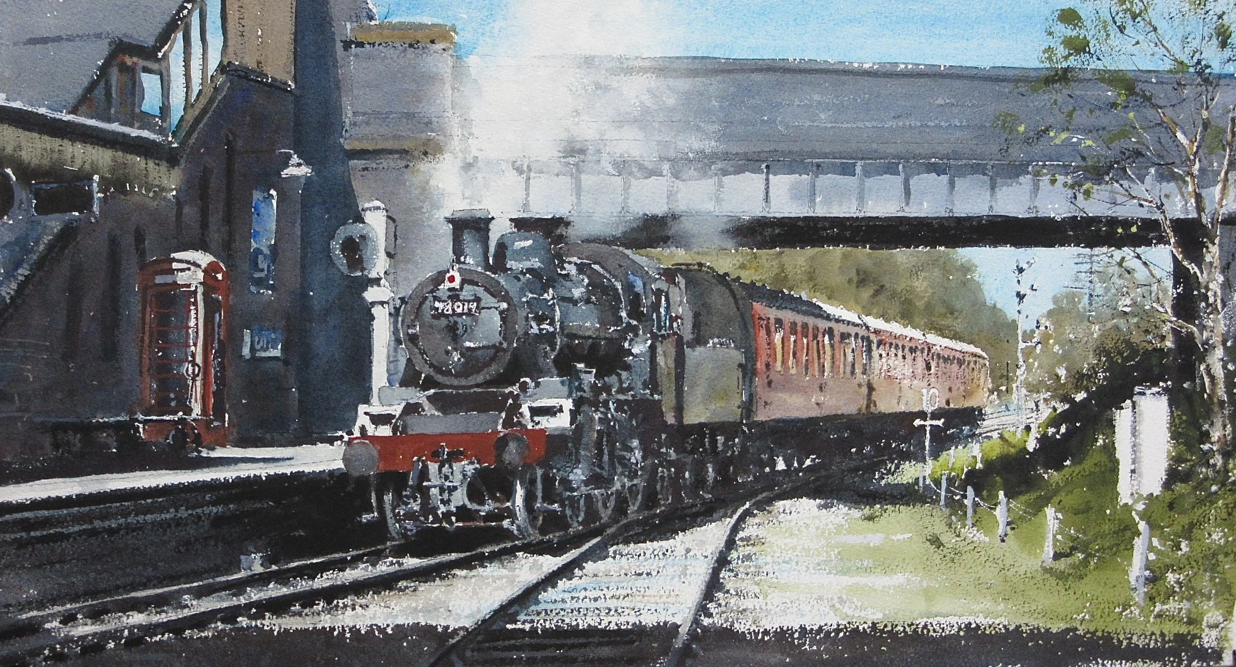 BR Standard Class 2-6-0 no. 78019 on the Down Line at Quorn: 13 x 24 in: watercolour: £1150