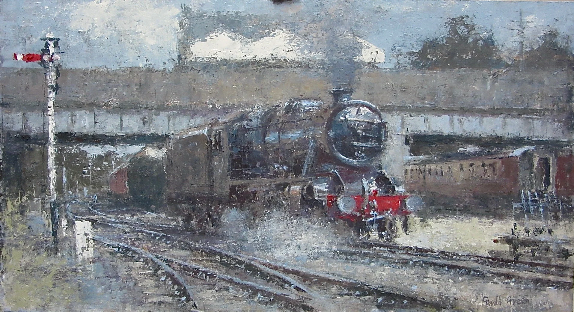 Backing into Loughborough Station: 13 x 24 in: oil: SOLD