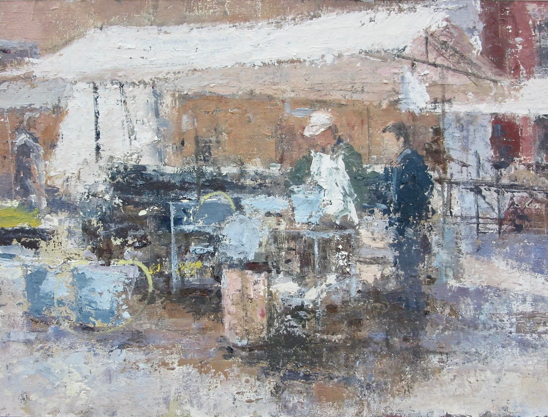 Fish Stall Venice: oil painting depicting figures and fish stall in the Campo  St. Margueritta Venice