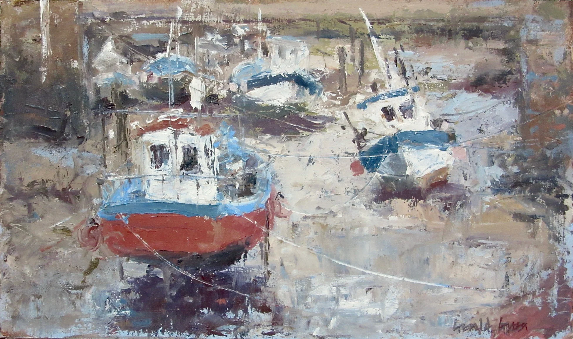 Fishing Boats at Staithes: oil painting of boats at low tide in the estuary at Staithes in Yorkshire
