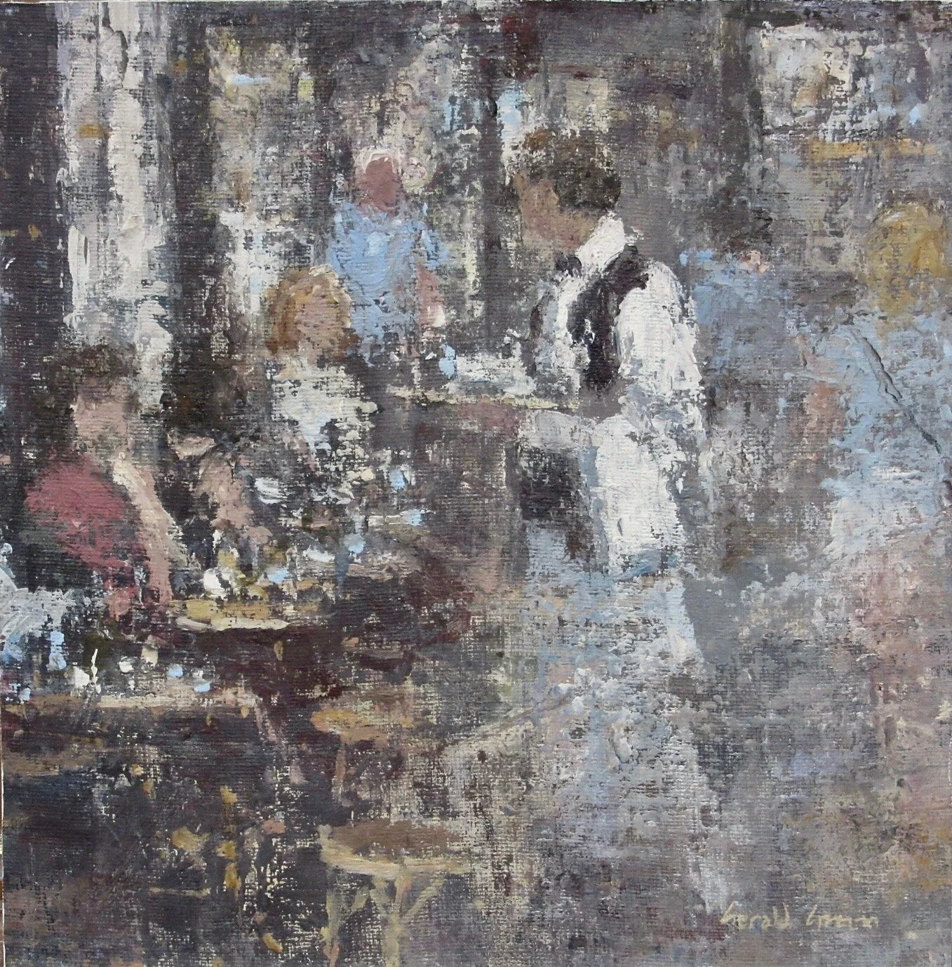 Oil painting of Parisien street Cafe on Boulevard St Germain