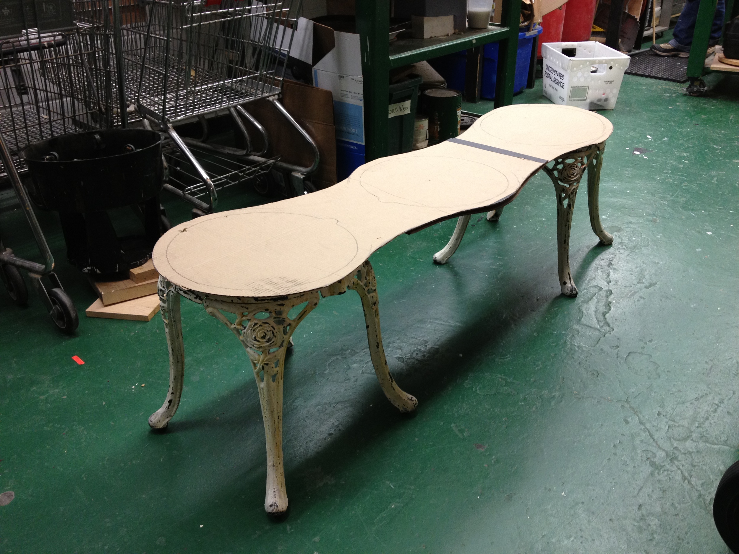  We were not using all of the chairs in the set, and I suggested creating the bench out of the extra legs and making a custom top.&nbsp; 