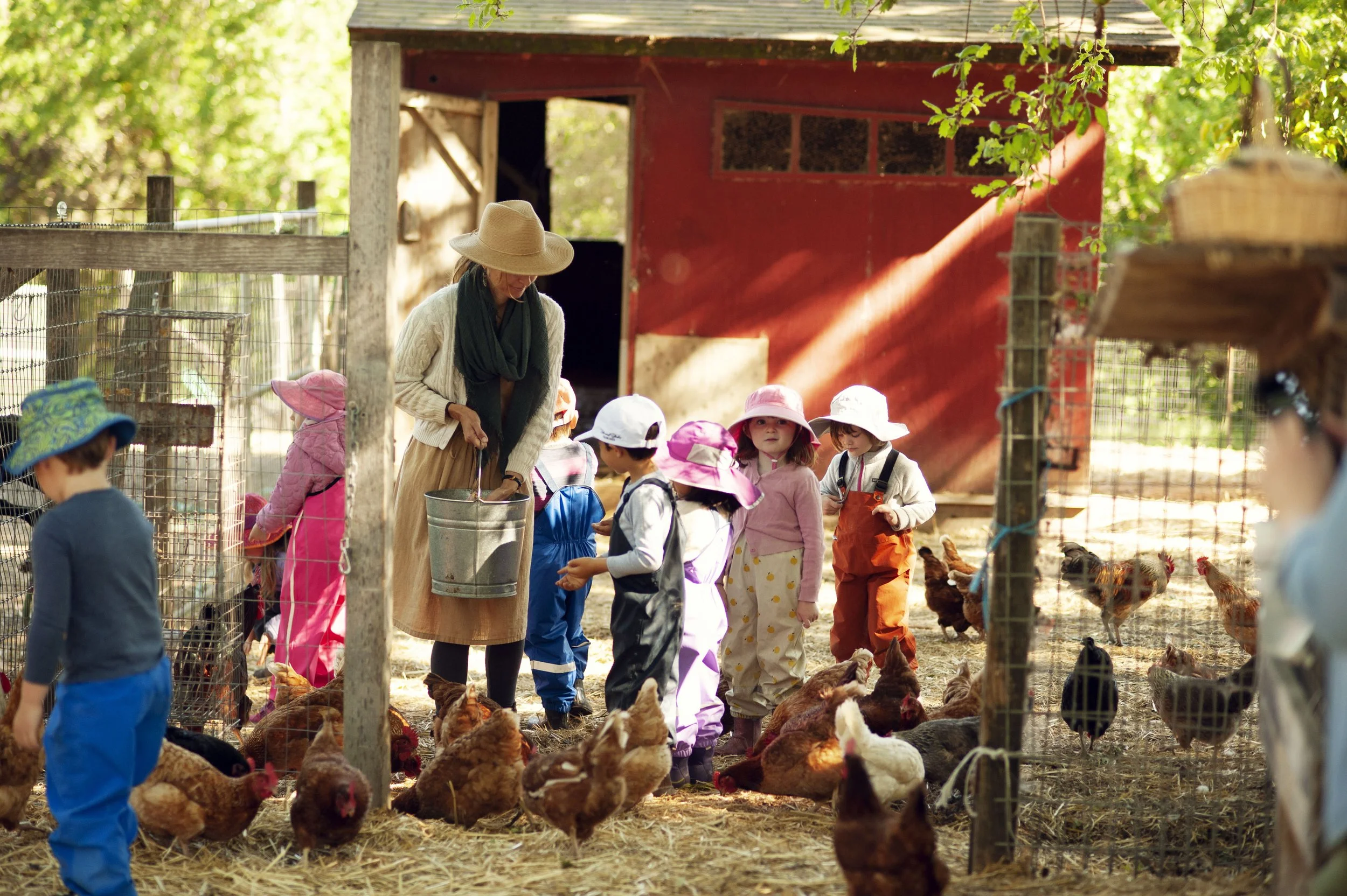 A group of young children and an adult woman in a farmyard with chickens, near a red chicken coop, with trees in the background.
