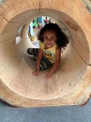 Children have been crawling into the log and feeling wood through their whole body. Children are seen touching and exploring the cracks in the wooden log and asking investigative questions such as, “Why is this broken?” Children have also used the log as their quite space sitting by themselves, while others have shared the space with peers, giggling, laughing, having a conversation.