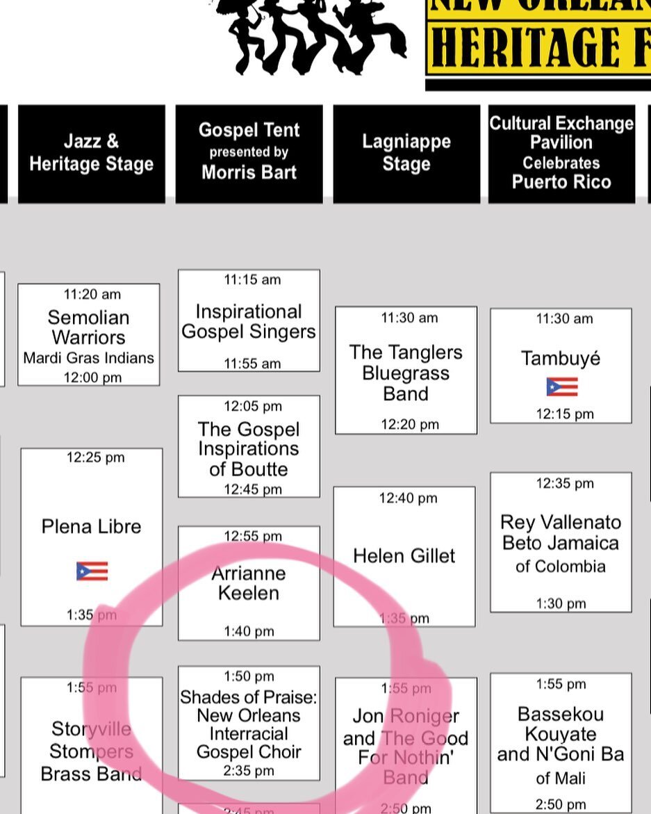 @jazzfest TODAY Gospel Tent 1:50 🎶 I&rsquo;ve gone to the festival more times than I can count, I&rsquo;ve worked there too! Now, taking the stage. 💗#neworleansjazzfest #gospelchoir #seeyouthere #followyournola #choir #bucketlist #shadesofpraise #l