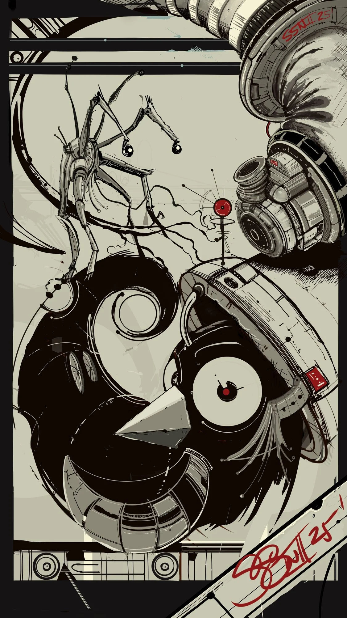 4. Helmet Bird — Character design with integrated mechanical gear.