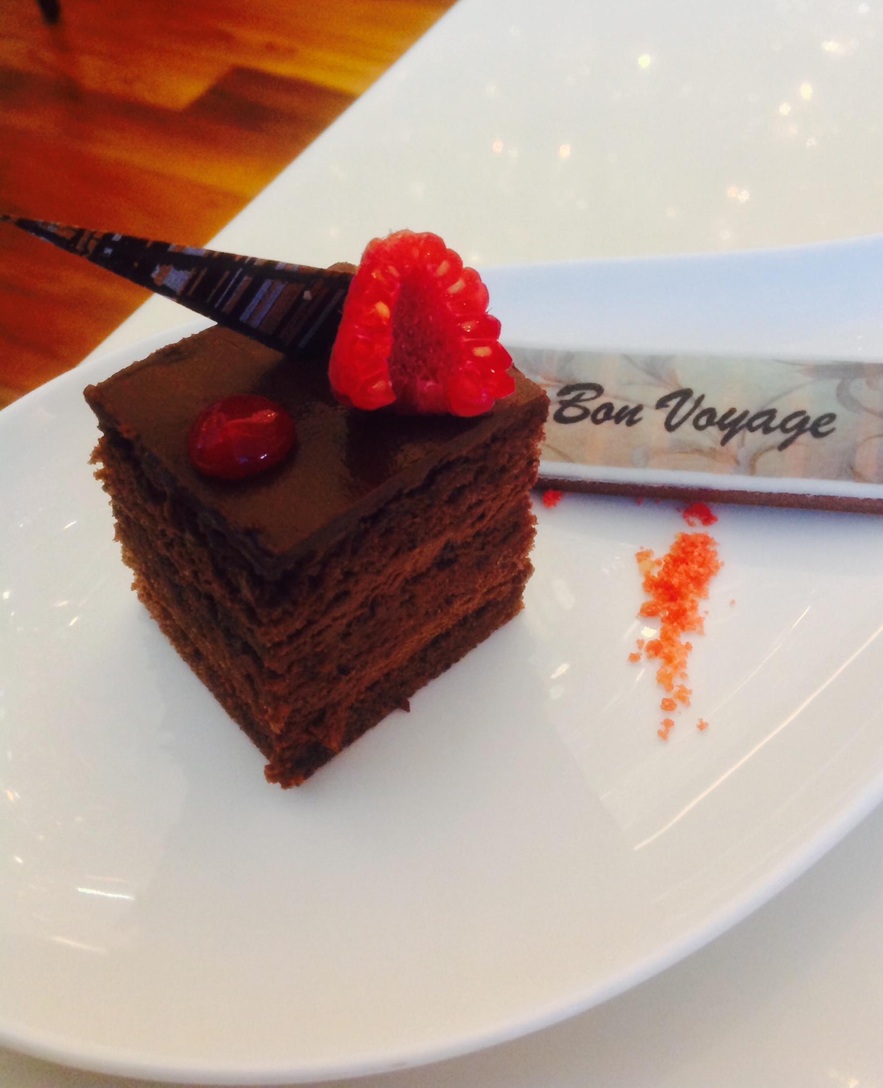 Our "bon voyage" mousse cake delivered to us at 8am- finished by 8.01am- it would have been rude not to!