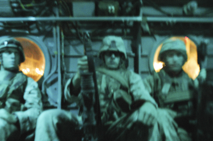 Marines aboard Chinook CH-47 before night mission (scrubbed), FOB Iskan, August 7, 2004