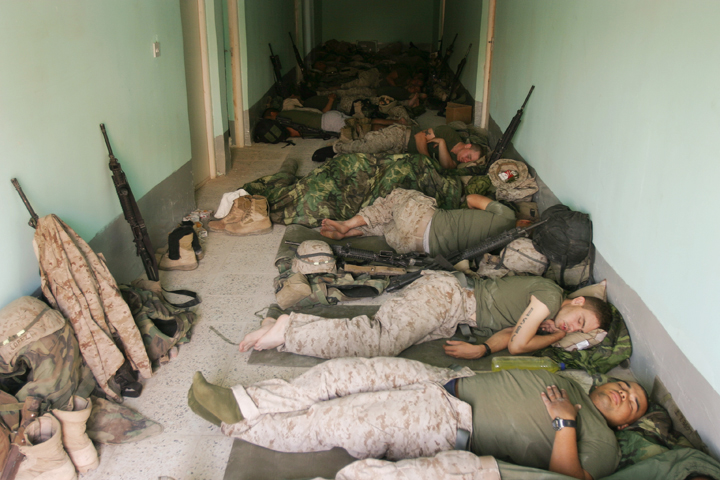 1/2 weapons company marines sleep after convoy from Kuwait, July 22, 2004